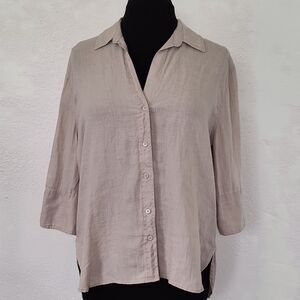 Zara Taupe 100% Linen Button Down Shirt Blouse Size XS 3/4 Length Natural Fibers